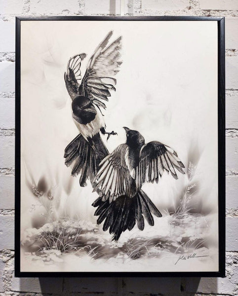 "PLAYFUL MAGPIES" Original Fumage Drawing on Clay Board/Framed