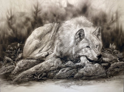 "The Resting Wolf” Fumage Drawing on Clay Board