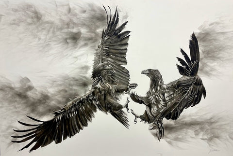 "White Tailed Eagles" Original Fumage Drawing on Clay Board/Framed