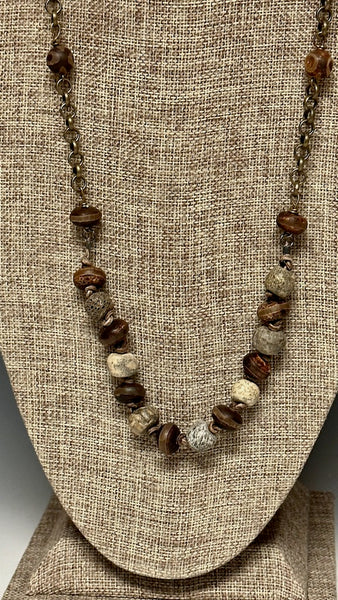 HAND KNOTTED BRASS NECKLACE WITH DINOSAUR BONE AND AGATE LCN379