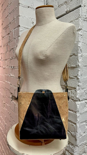 BLACK AND TAN LEATHER AND CORK CROSSBODY BAG