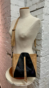 BLACK AND TAN LEATHER AND CORK CROSSBODY BAG