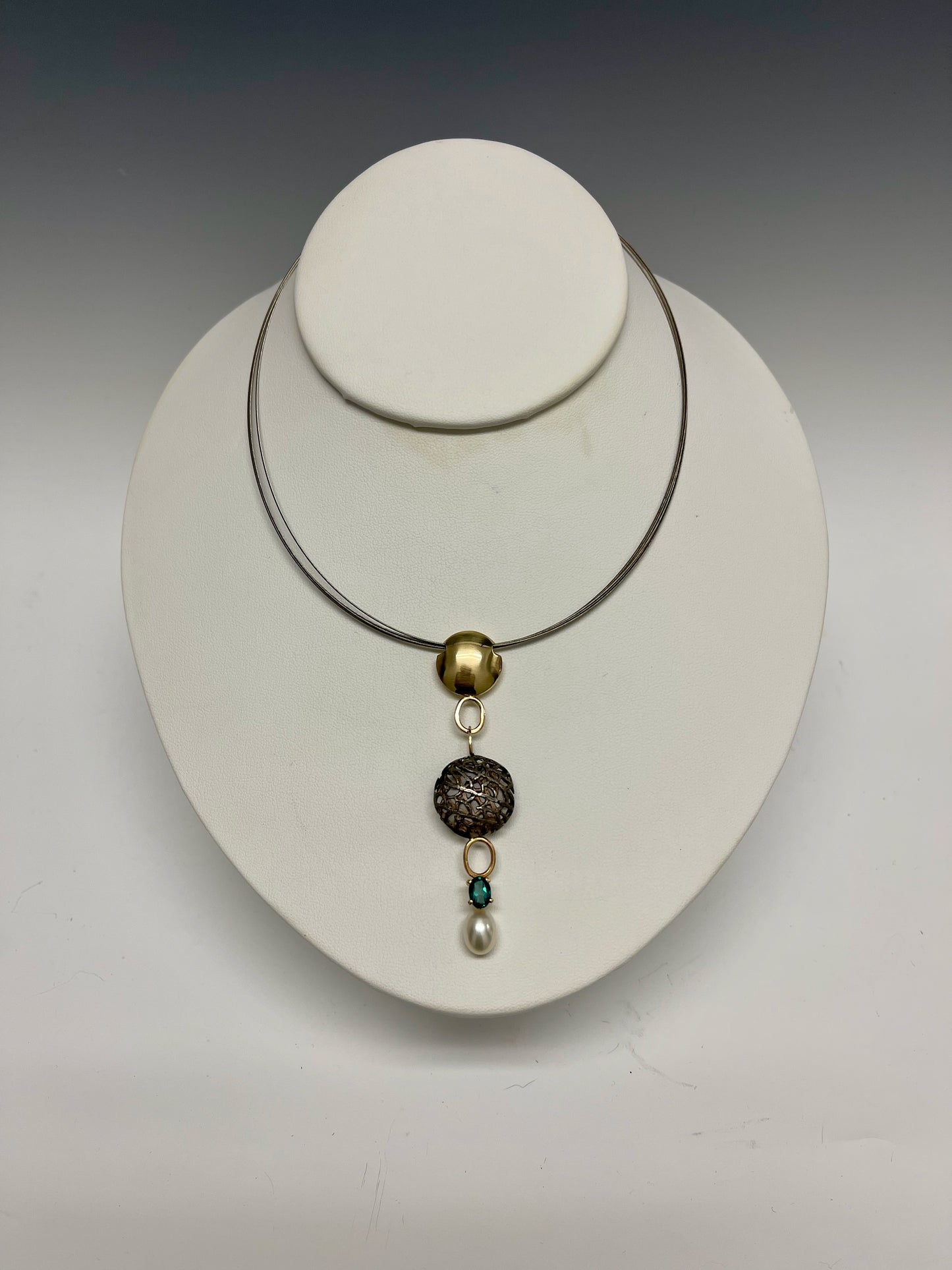 14k Gold and Sterling Silver Neck Wire with Pearl and Green Topaz  MB107N