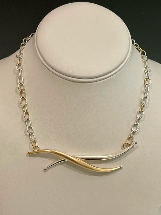 Double Curve 14K Gold and  Sterling Silver Necklace MB137N