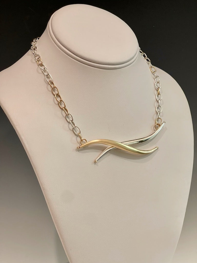 Double Curve 14K Gold and  Sterling Silver Necklace MB137N