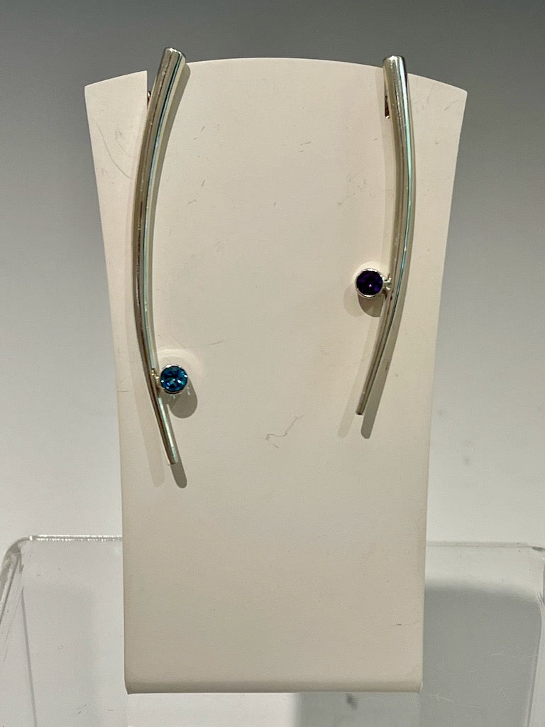 Asymmetrical Sterling Silver Pick Earrings with Topaz and Amethyst  MB146