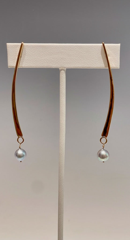 Long Forged 14K Gold Earrings with Blue Pearls MB148E