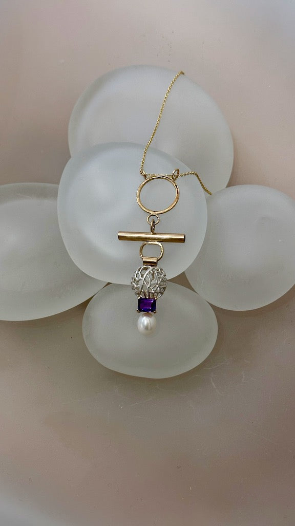 14K with Sterling Silver Bead Necklace with Amethyst and Pearl MB165N