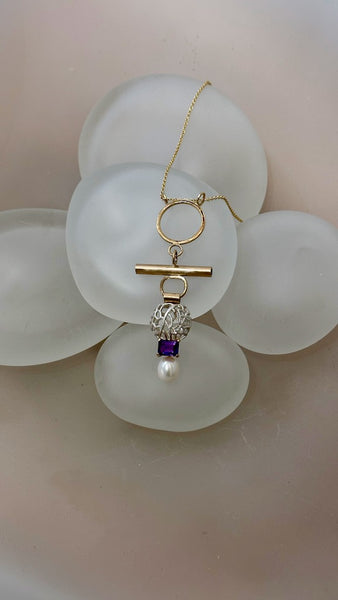 14K with Sterling Silver Bead Necklace with Amethyst and Pearl MB165N