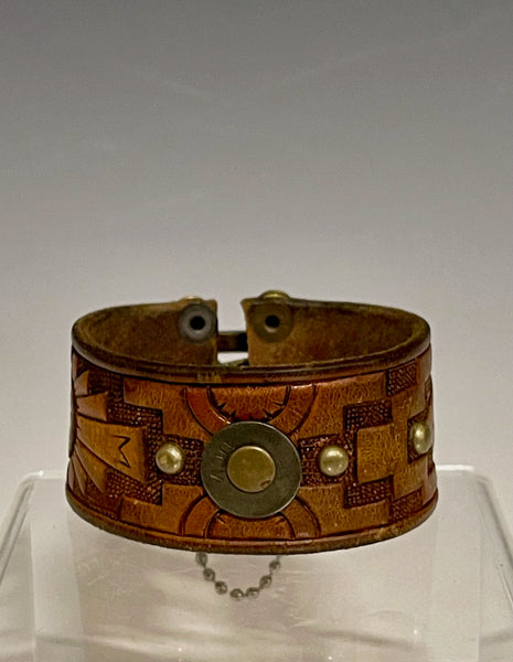 EMBOSSED BROWN Leather Cuff with Brass Closure MMC14