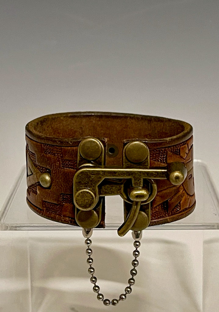 EMBOSSED BROWN Leather Cuff with Brass Closure MMC14