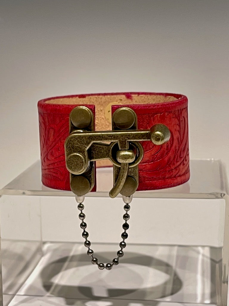 Distressed Red Leather Cuff with Brass Closure MMC11