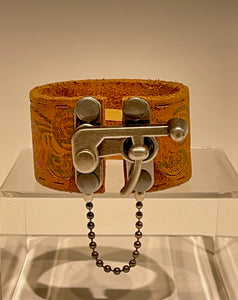 Distressed Light Brown with Hand Tooling Leather Cuff with Silver Closure MMC2