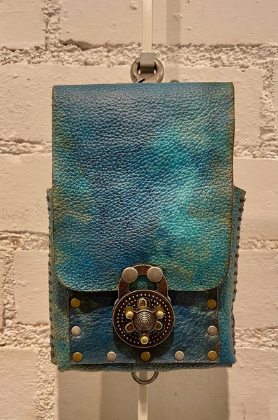 Distressed Turquoise Blue Leather Cell Phone Case with Silver Closure MMP13
