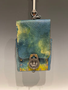 Distressed Blue and Yellow Leather Cell Phone Case with Silver Closure MMP6
