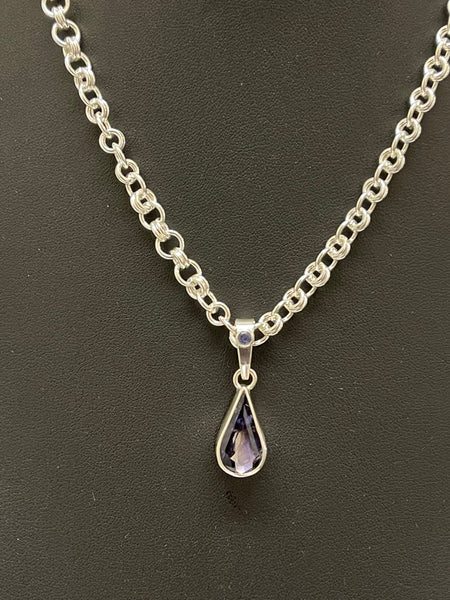 Pear Shaped Iolite Pendant Necklace with Sterling Silver Handmade Chain