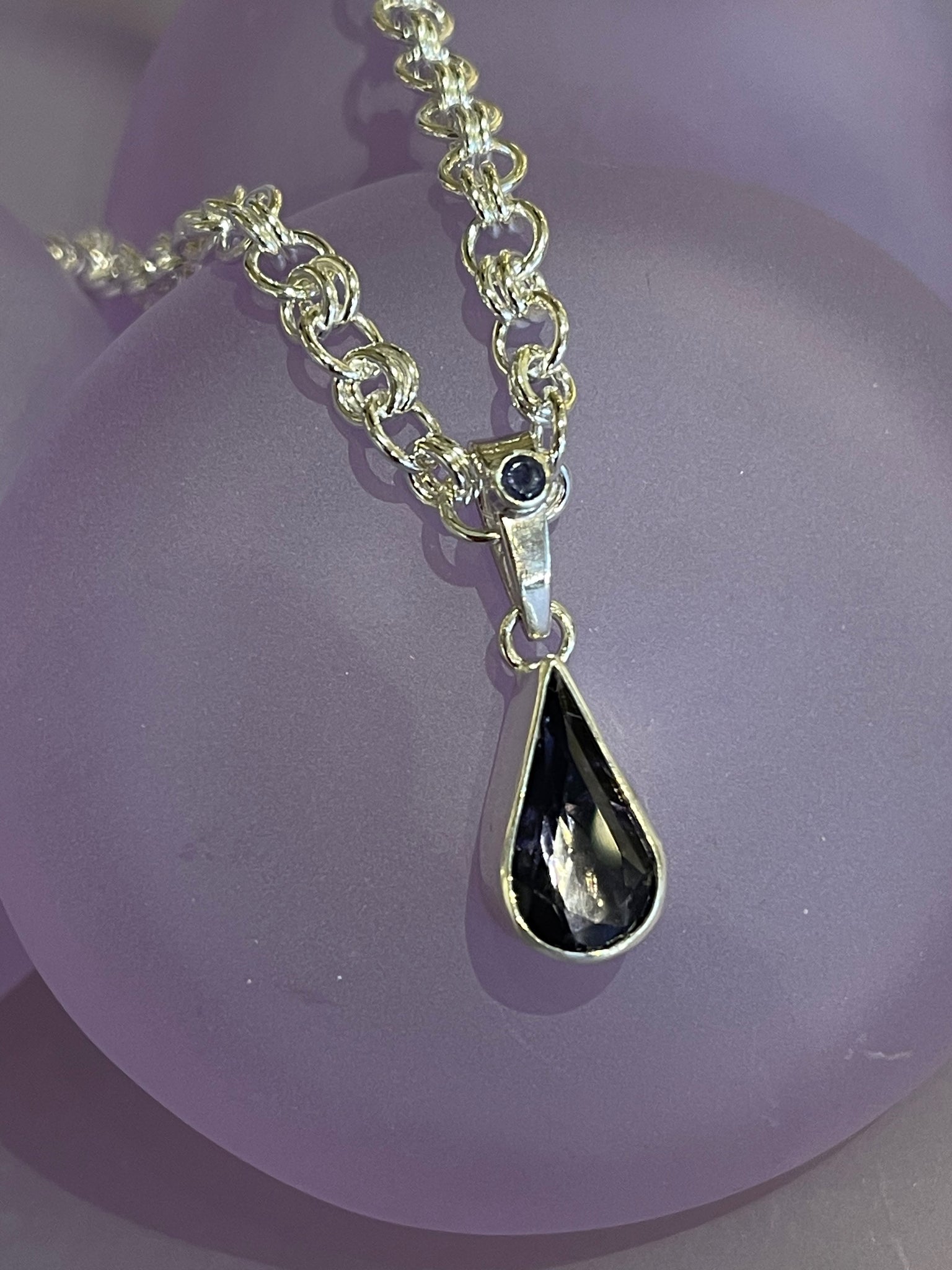 Pear Shaped Iolite Pendant Necklace with Sterling Silver Handmade Chain