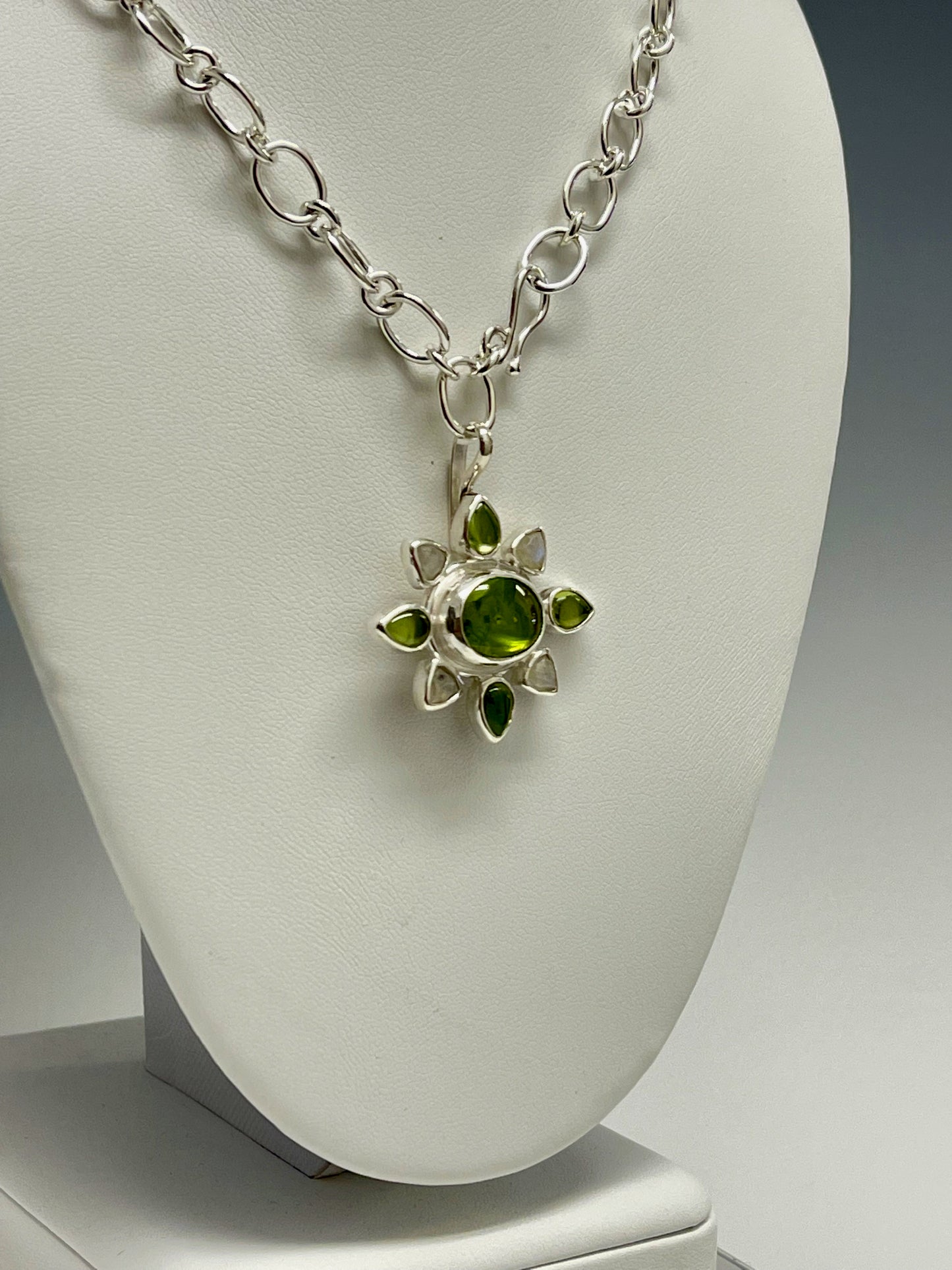 Peridot and Moonstone Necklace with Handmade Sterling Silver Chain NM309N