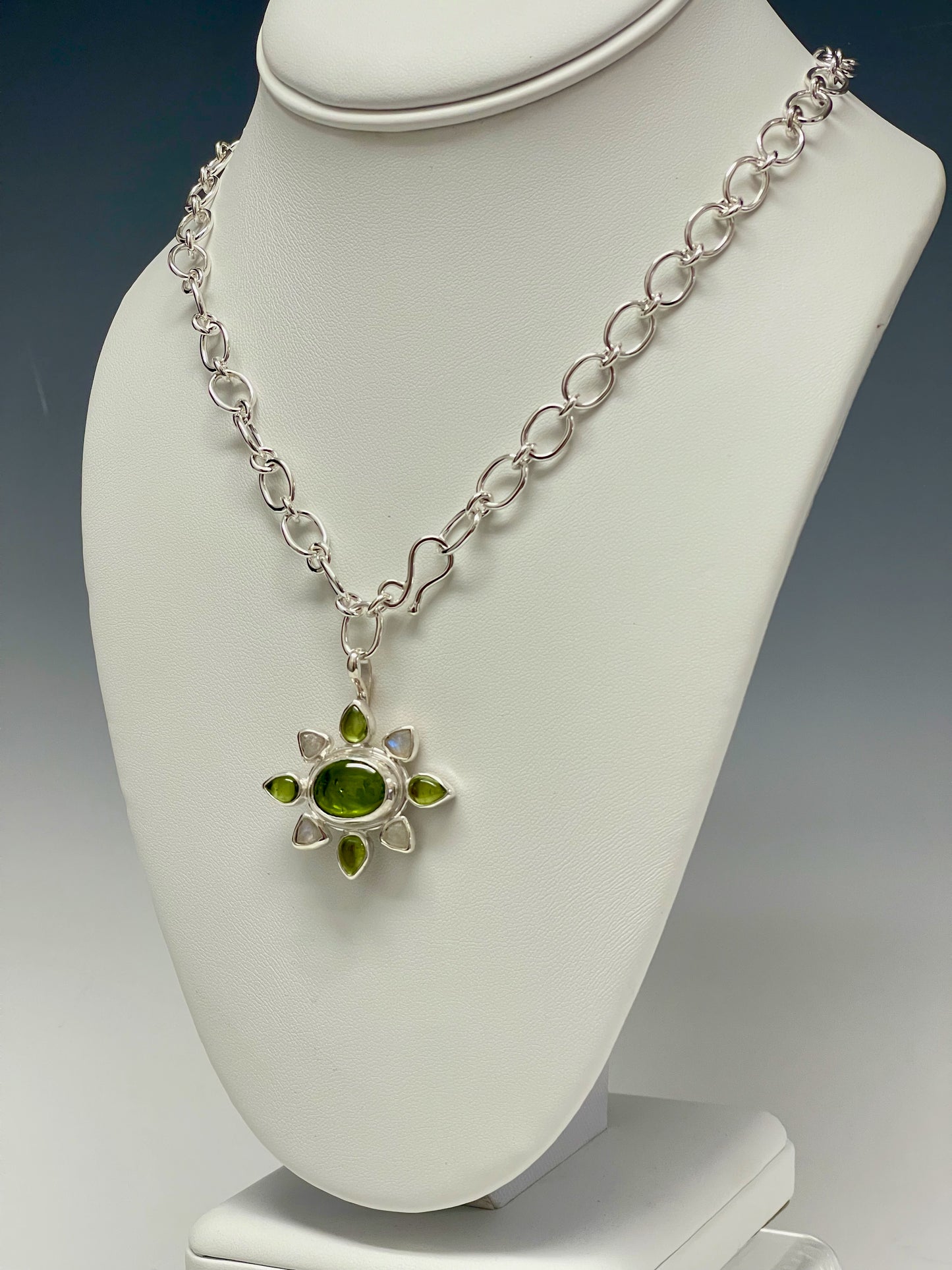 Peridot and Moonstone Necklace with Handmade Sterling Silver Chain NM309N