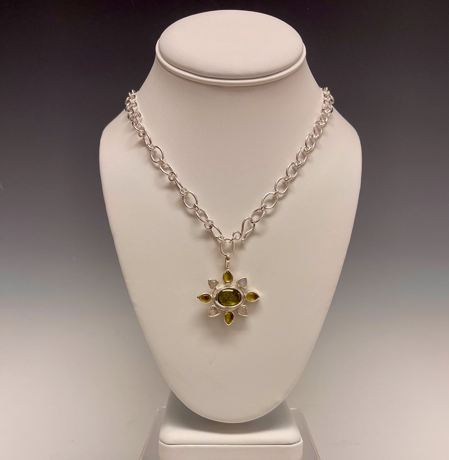 Peridot and Moonstone Necklace with Handmade Sterling Silver Chain NM309N