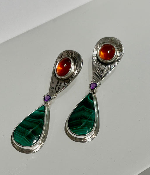 MALACHITE, AMETHYST AND SPESSARTITE GARNET Earrings with Sterling Silver  NM389E