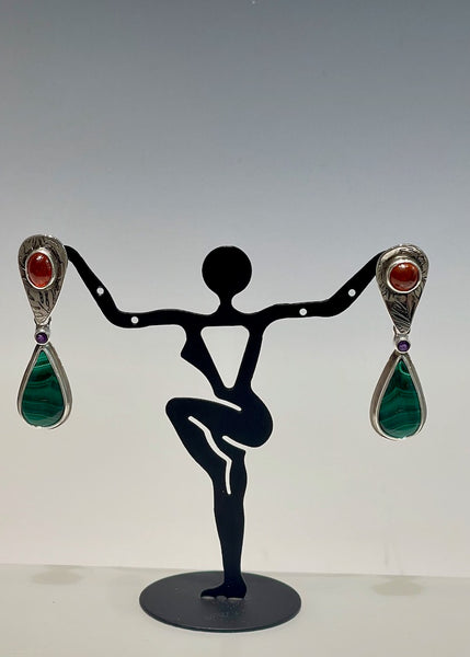 MALACHITE, AMETHYST AND SPESSARTITE GARNET Earrings with Sterling Silver  NM389E