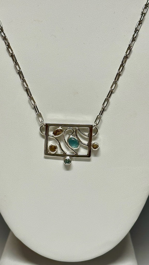 PICTURE FRAME STERLING SILVER Necklace WITH BLUE TOPAZ AND CITRINE - NM464N