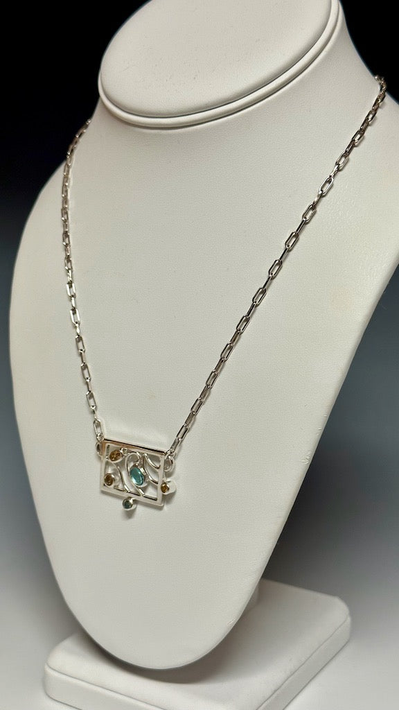 PICTURE FRAME STERLING SILVER Necklace WITH BLUE TOPAZ AND CITRINE - NM464N