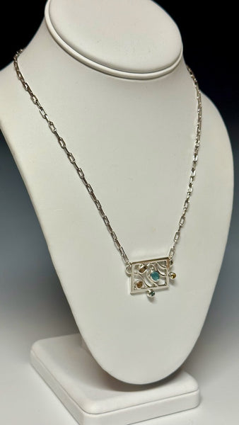 PICTURE FRAME STERLING SILVER Necklace WITH BLUE TOPAZ AND CITRINE - NM464N