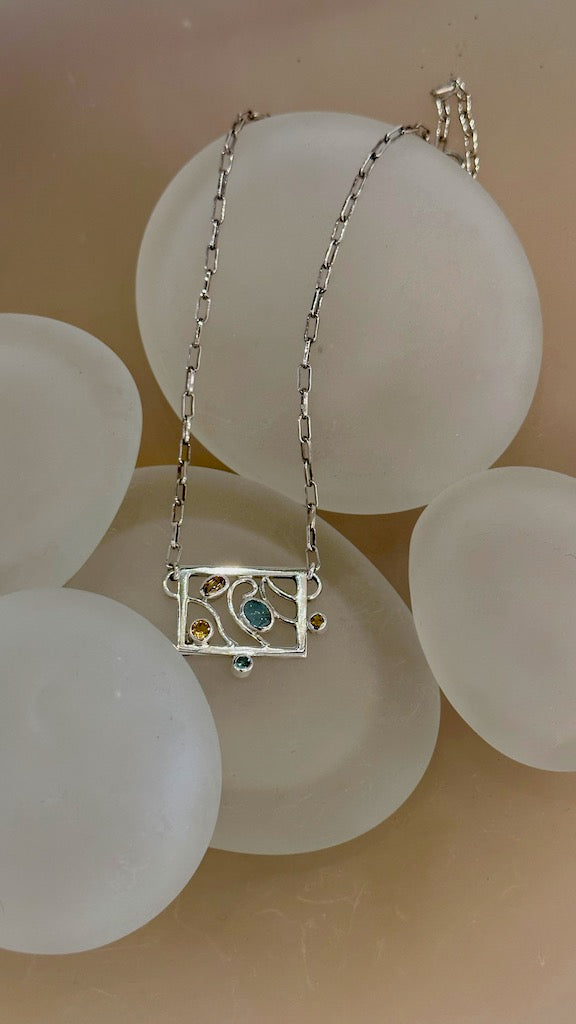 PICTURE FRAME STERLING SILVER Necklace WITH BLUE TOPAZ AND CITRINE - NM464N