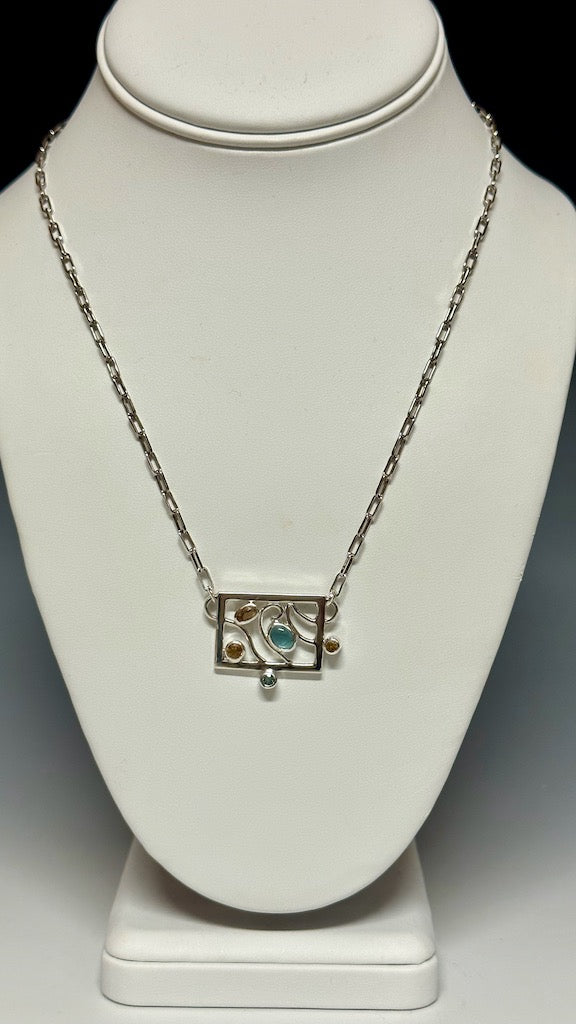 PICTURE FRAME STERLING SILVER Necklace WITH BLUE TOPAZ AND CITRINE - NM464N