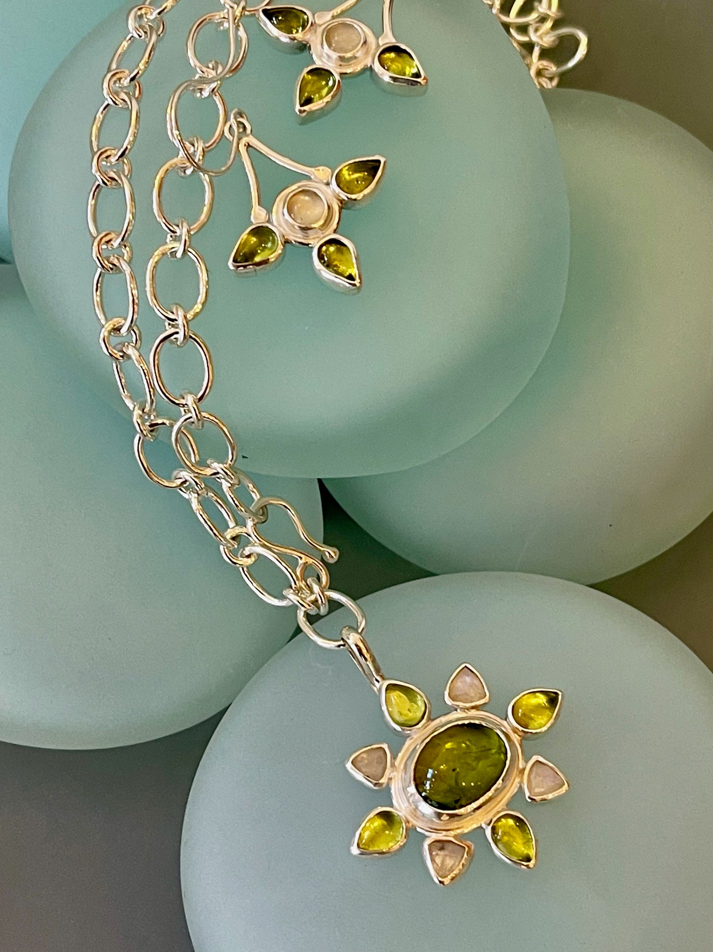 Peridot and Moonstone Necklace with Handmade Sterling Silver Chain NM309N