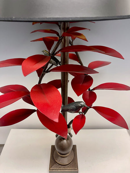 Red Laurel and Wrens Table Lamp with Black Shade