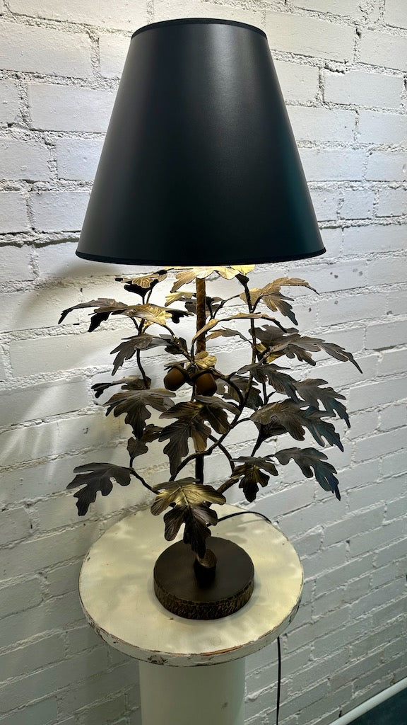 BRONZE OAK AND ACORN LAMP WITH Black Shade