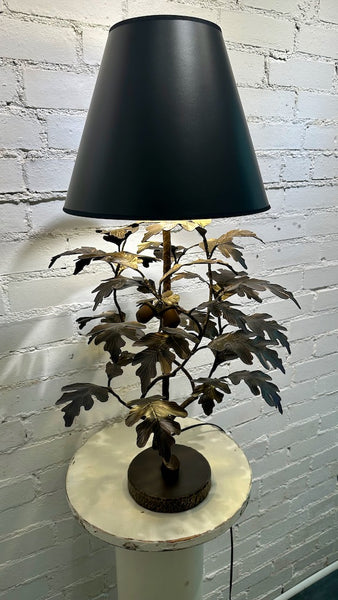 BRONZE OAK AND ACORN LAMP WITH Black Shade