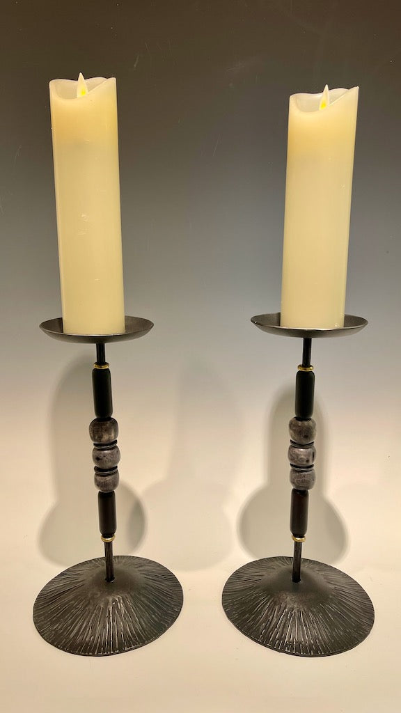 PAIR OF HAND FORGED CANDLE STICKS WITH AFRICAN BEADS SJCS3