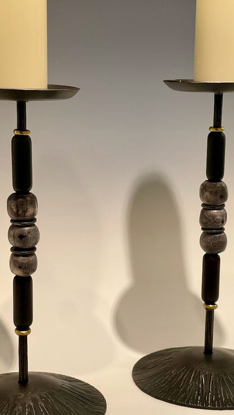 PAIR OF HAND FORGED CANDLE STICKS WITH AFRICAN BEADS SJCS3