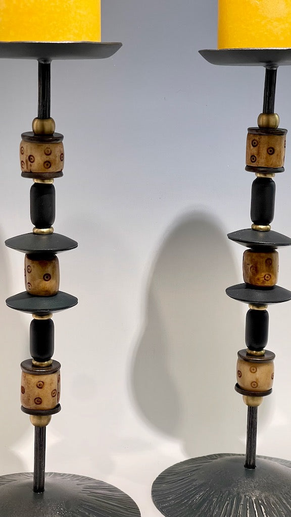 PAIR OF HAND FORGED CANDLE STICKS WITH AFRICAN BEADS SJCS1