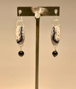 Dendritic Opal, Onyx and Sterling Silver Earrings E3071