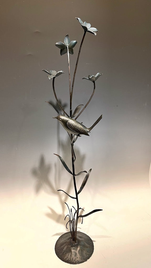 "FIELD STUDY V" Black Metal Wren Sculpture" Hand Forged Metal Sculpture