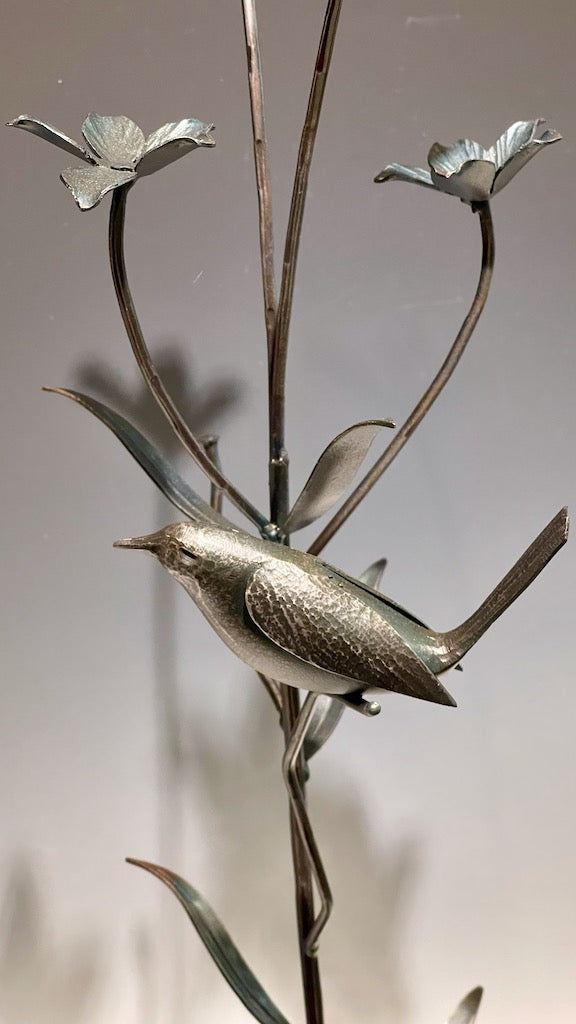 "FIELD STUDY V" Black Metal Wren Sculpture" Hand Forged Metal Sculpture