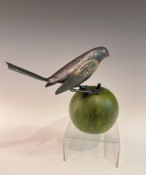 "Green Apple and Wren" Hand Forged Metal Sculpture