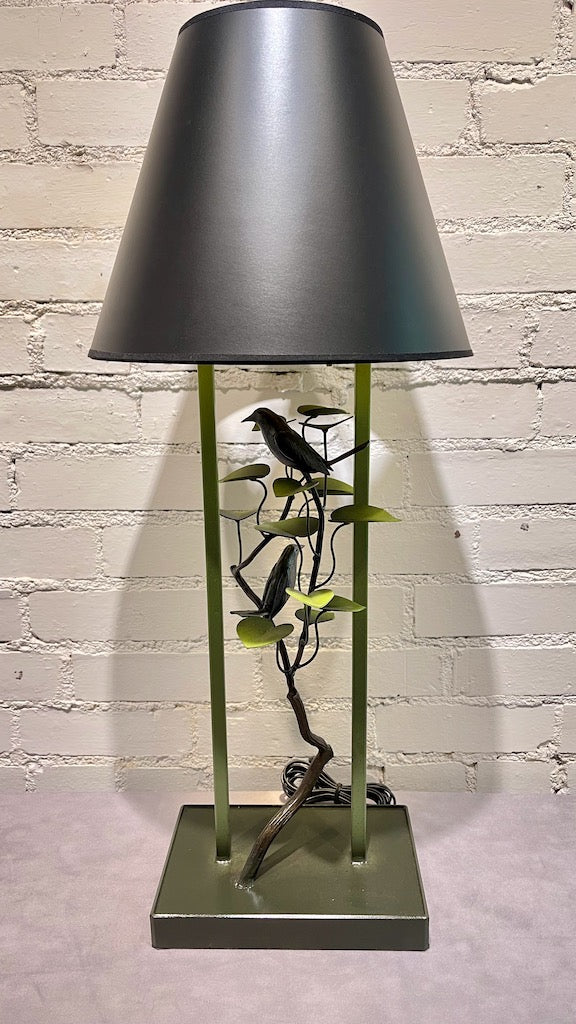 Green Morning Glory and Wren Table Lamp with Black Shade