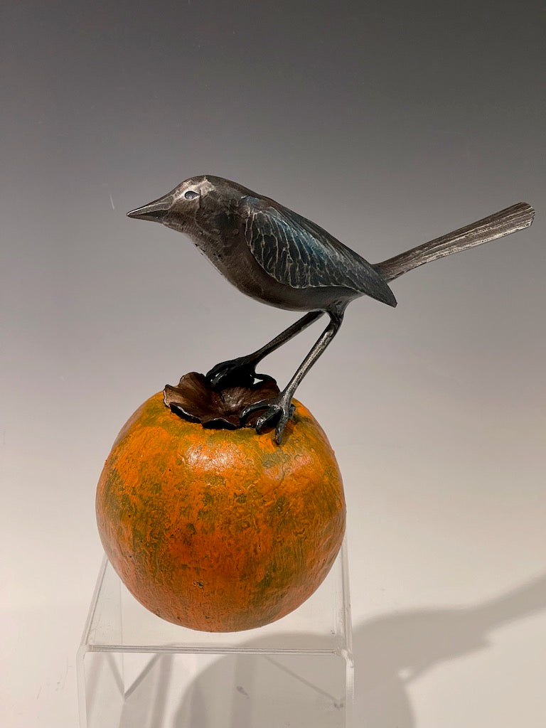 Orange Persimmon and Wren" Hand Forged Metal Sculpture