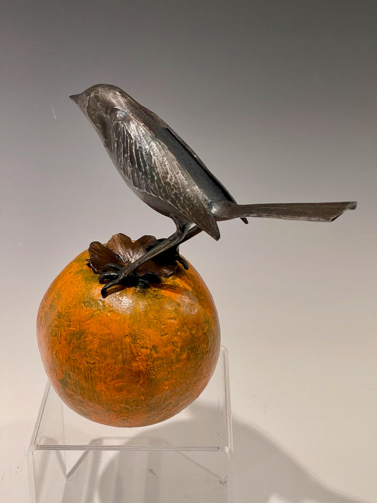 Orange Persimmon and Wren" Hand Forged Metal Sculpture
