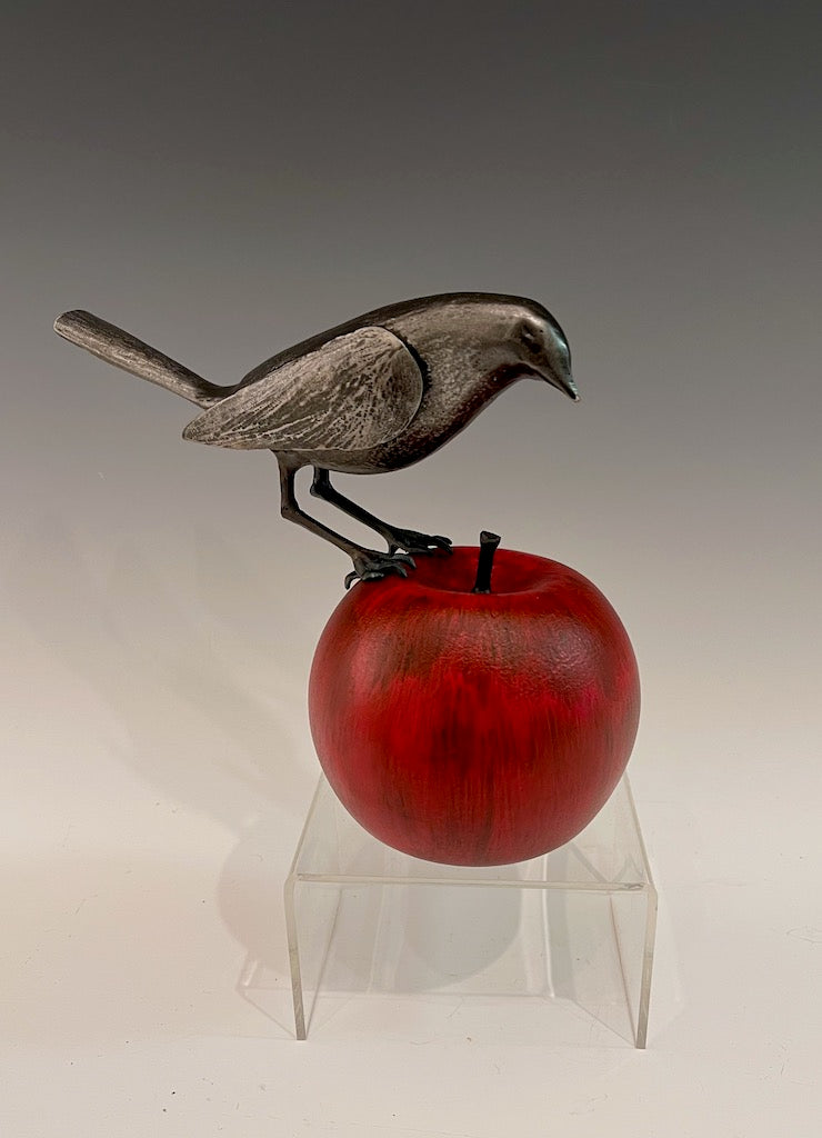 "Red Apple and Wren" Hand Forged Metal Sculpture
