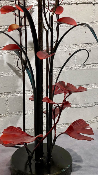 TALL RED GINGKO AND MORNING GLORY HAND FORGED Lamp Table Lamp with Black Shade