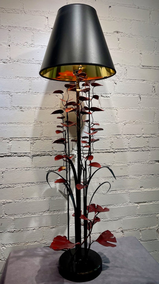 TALL RED GINGKO AND MORNING GLORY HAND FORGED Lamp Table Lamp with Black Shade