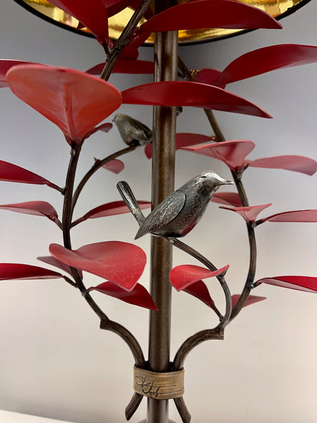Red Laurel and Wrens Table Lamp with Black Shade