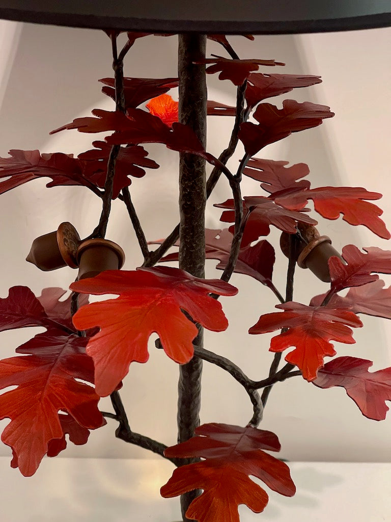 Red Oak and Acorn Table Lamp with Black Shade